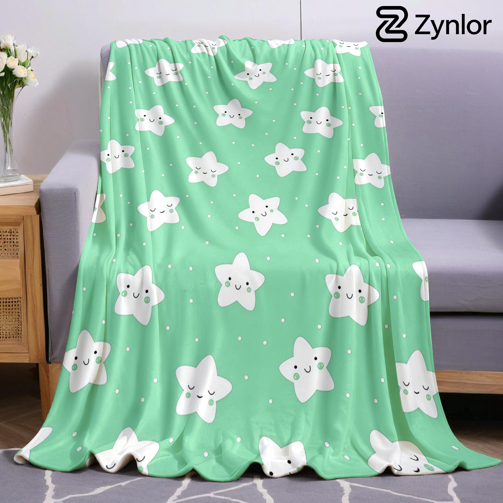 Christmas Throw Blanket - Mint Green Cute Star Lightweight Microfiber