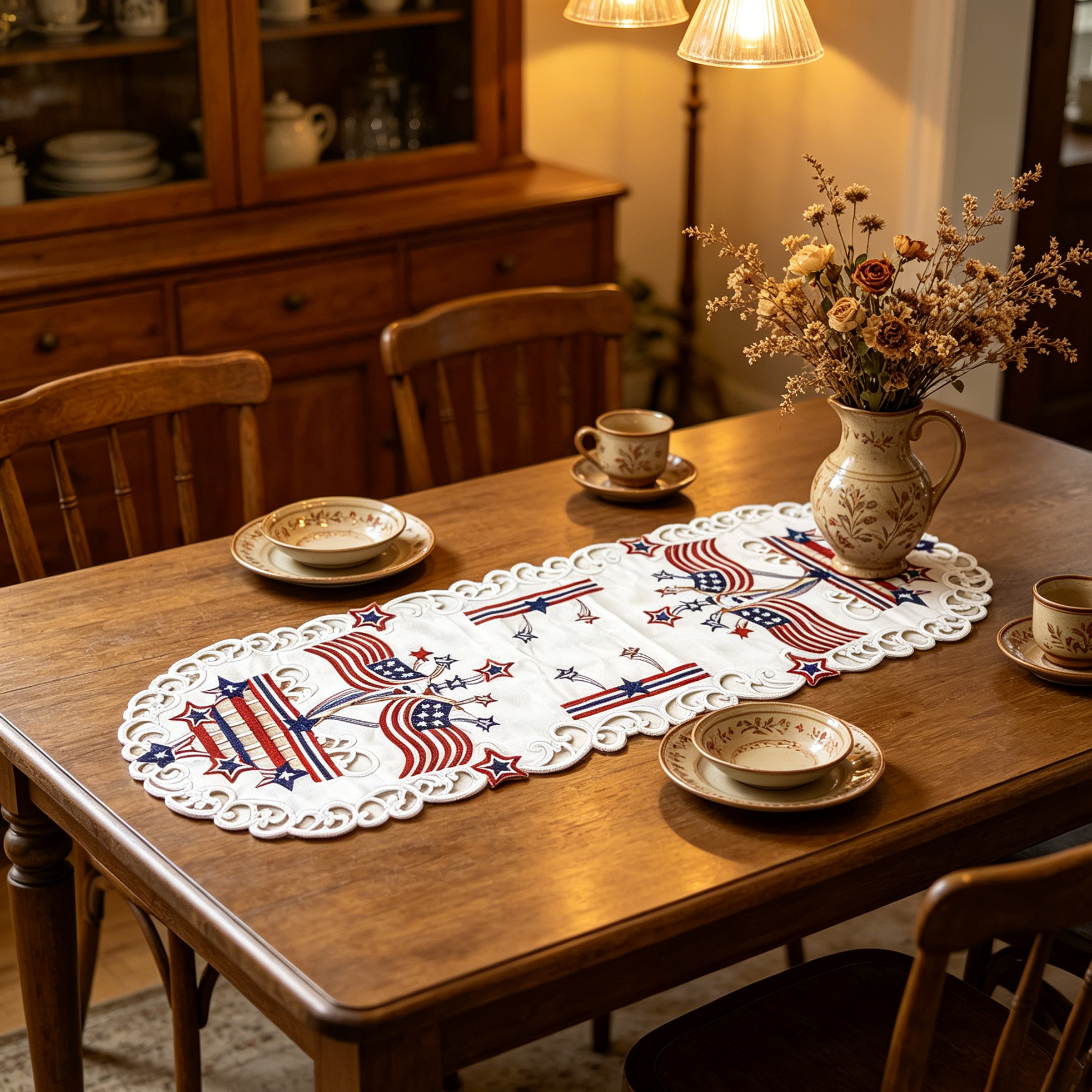 Christmas Table Runner - USA Independence Day Flag Embroidered Hollow